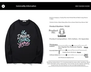 Detailed size chart for oversized printed long sleeve tee with 95% cotton material