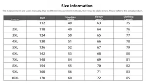 Detailed size chart for men's oversized long sleeve T-shirt ranging from XL to 10XL