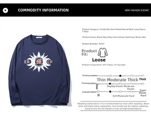 Detail view of navy long sleeve t-shirt fabric specs with sun print and letter logo