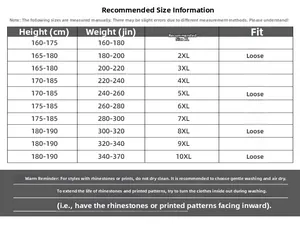 Detailed size chart for oversized men's t-shirts from XL to 10XL with washing instructions