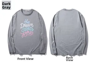 Detail of dark grey long sleeve t-shirt with artistic text print and crew neck design