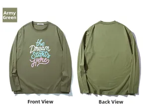 Detailed flat lay of army green long sleeve tee featuring colorful Dream STARTS Here print