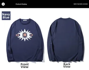 Navy blue long sleeve t-shirt with retro sun print and front and back flat lay view