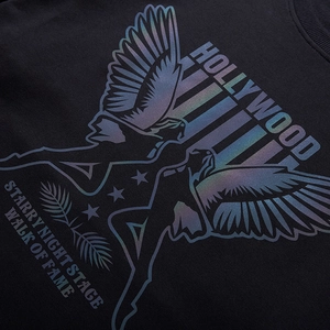 Men's oversized black sweatshirt with holographic Hollywood star print and crew neck