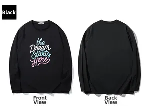 Detailed front and back view of black long-sleeve T-shirt with Dream Starts HERE print