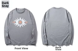 Front and back views of a charcoal grey long-sleeved T-shirt with graphic sun print