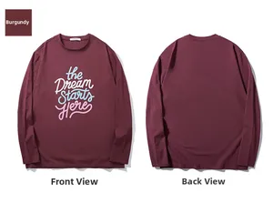 Flat lay of reddish-brown long sleeve T-shirt showing printed slogan and plain back