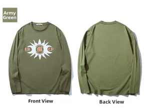 Front and back view of an army green long sleeve cotton t-shirt with sun graphic print