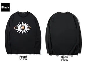 Detailed front and back view of a black long-sleeved t-shirt with a white sunburst print