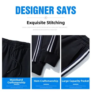 Détails du pantalon de jogging noir avec taille à cordon et poches à rayures latérales
