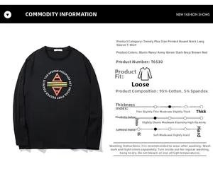 Detailed product specifications for printed cotton long sleeve t-shirt with washing guide