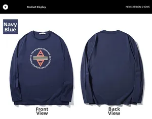 Detailed front and back layout of navy blue long sleeve T-shirt with chest graphic print