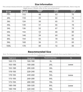 Size chart showing XL to 10XL measurements for oversized long sleeve t-shirts