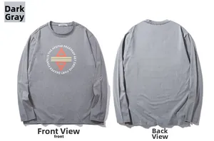 Flat lay of dark grey long sleeve t-shirt with orange geometric print on front and back