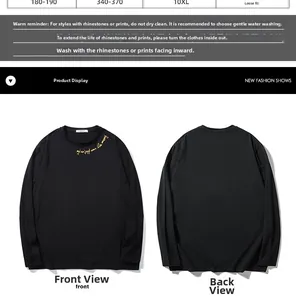 Vues avant et arrière d'un T-shirt noir à manches longues avec motif calligraphique jaune