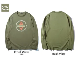 Front and back view of an army green long-sleeve T-shirt with geometric chest print