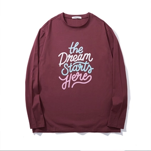 Maroon long sleeve t-shirt for men with colorful The Dream Starts Here art print