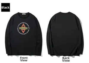 Front and back view of a black long-sleeve T-shirt featuring a circular geometric print
