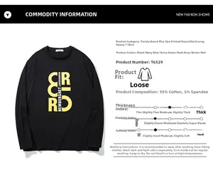 Detail view of cotton-blend long sleeve t-shirt showing size chart and fabric specs