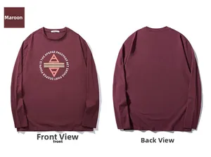 Front and back views of a reddish-brown long sleeve T-shirt with geometric chest print