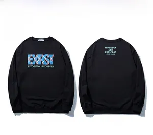 Front and back view of a black oversized sweatshirt with blue graphic EXRST lettering