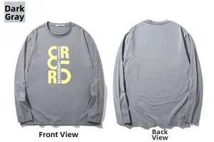 Front and back views of a dark grey long-sleeve T-shirt with yellow street-style lettering