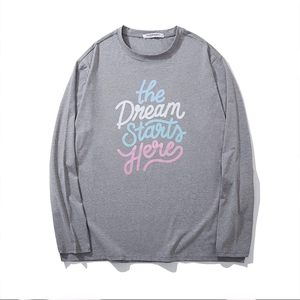 Heather grey long sleeve cotton T-shirt for men featuring artistic 'Dream' slogan print