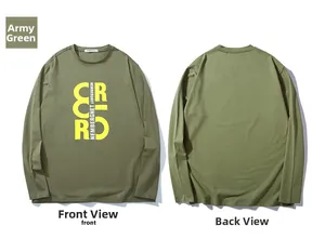 Detail of army green long sleeve shirt with yellow printed lettering on high-quality cotton