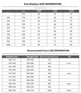 Size chart for men's plus size long sleeve shirts from XL to 10XL with detailed measurements