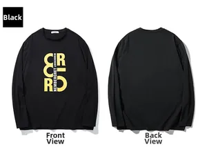 Front and back view of black long sleeve T-shirt with yellow street style letter prints