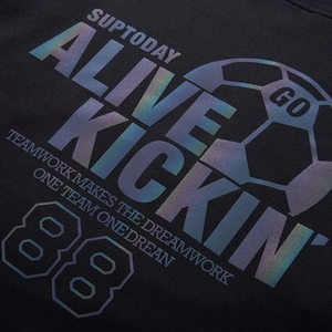 Men's loose black sweatshirt featuring reflective street style football graphic print