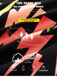 Detail of cotton blend fabric with red lightning print and 95% cotton material label