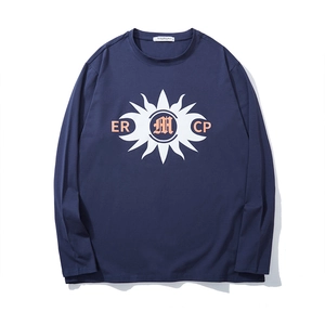 Men's navy blue long sleeve t-shirt with sun graphic and gothic lettering print