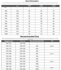 Detailed size chart for oversized men hoodie from 3XL to 12XL with measurement details