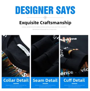 Detail of black sweatshirt featuring a ribbed neckline and colorful abstract sleeve print