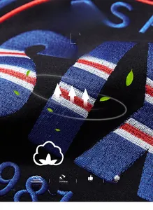 Detailed macro view of 95.4% cotton fabric with high-quality letter embroidery on pants