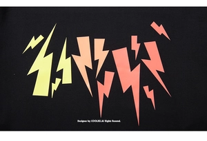 Detail of colorful gradient lightning prints on black cotton long sleeve t-shirt