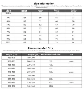 Detailed size chart for men's plus size oversized sweatshirt from 3XL to 10XL