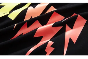 Close-up detail of high-quality knit cotton fabric with gradient lightning screen print