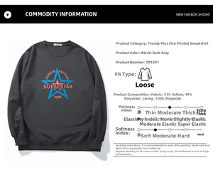 Détail de la composition du tissu et de l'imprimé étoile sur le sweat-shirt grande taille