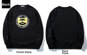 Front and back view of a black crewneck sweatshirt with yellow cartoon cat glasses print