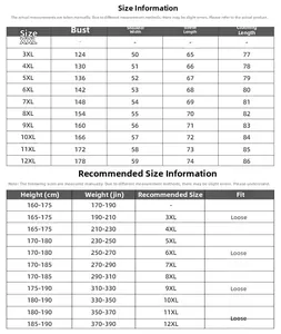 Size chart for oversized men's hoodies, detailing chest and length from XXL to 12XL