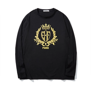T-shirt da Uomo Taglie Forti con Stampa a Corona in Foglia d'Oro a Maniche Lunghe in Misto Cotone Comoda Casual Traspirante