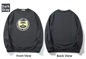 Detail of dark gray sweatshirt featuring cartoon cat with sunglasses and letter print