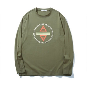 Men's olive green long sleeve cotton T-shirt with circular geometric chest print