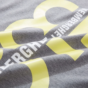 Men's loose gray long sleeve t-shirt with yellow number 8 and white text print