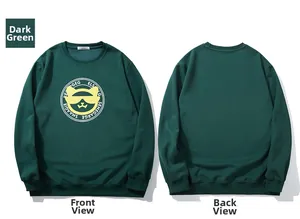 Detailed front and back view of dark green sweatshirt with yellow sunglasses cat print