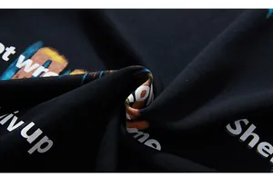 Close-up of street style colorful lettering and spray print on black sweatshirt fabric