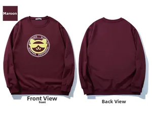 Front and back view of burgundy sweatshirt with sunglasses cat print and ribbed cuffs
