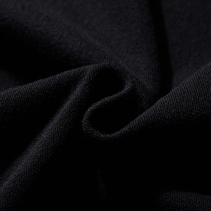 Close-up of premium black knit fabric with thick terry texture for men's sweatshirts